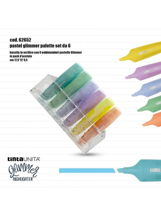 BASETTA 6 EVIDENZIATORI GLITTER PASTEL TINTA UNITA