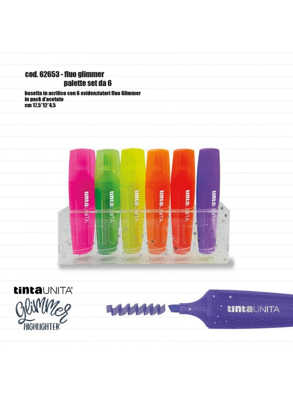 BASETTA 6 EVIDENZIATORI GLITTER FLUO TINTA UNITA