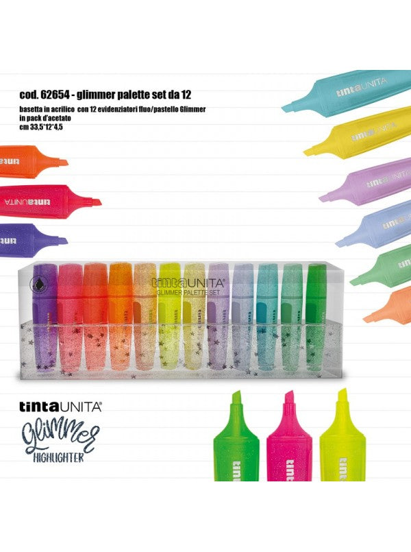 BASETTA 12 EVIDENZIATORI GLITTER TINTA UNITA